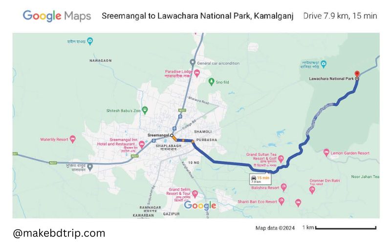 Sreemangal to Lawachara National Park map