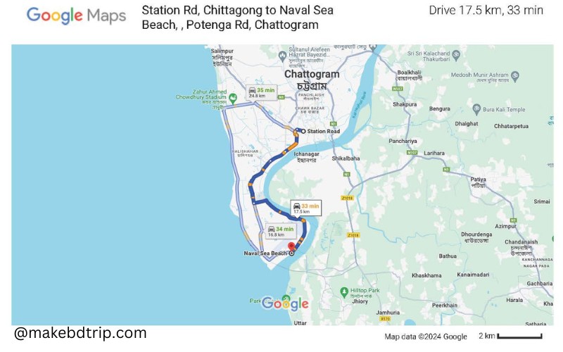 station road chittagong to naval sea beach chittagong map