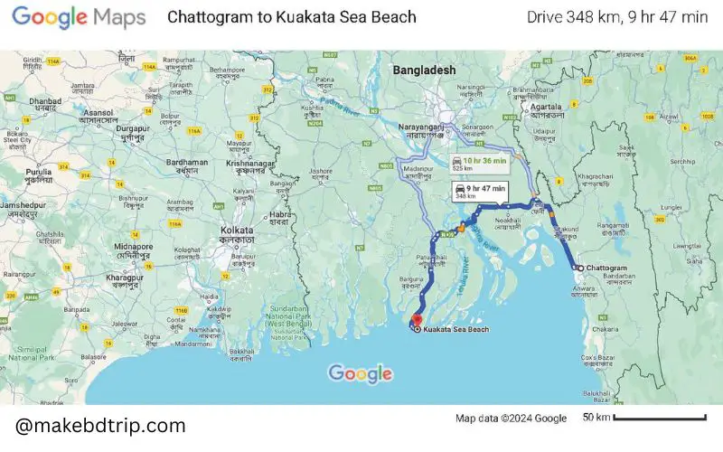 chattogram to kuakata sea beach map