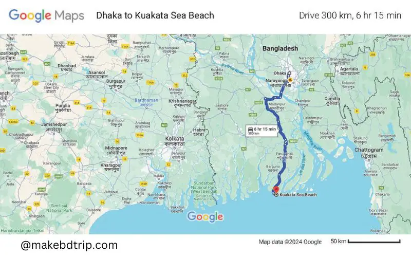 dhaka to kuakata sea beach map