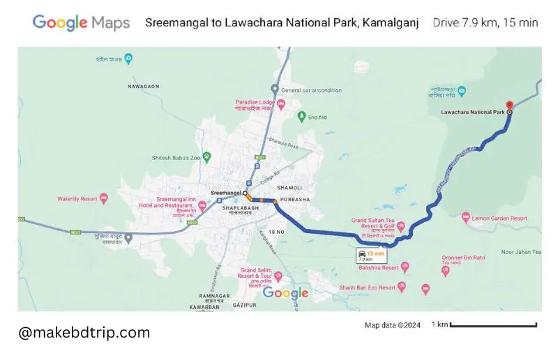 Sreemangal to Lawachara National Park map